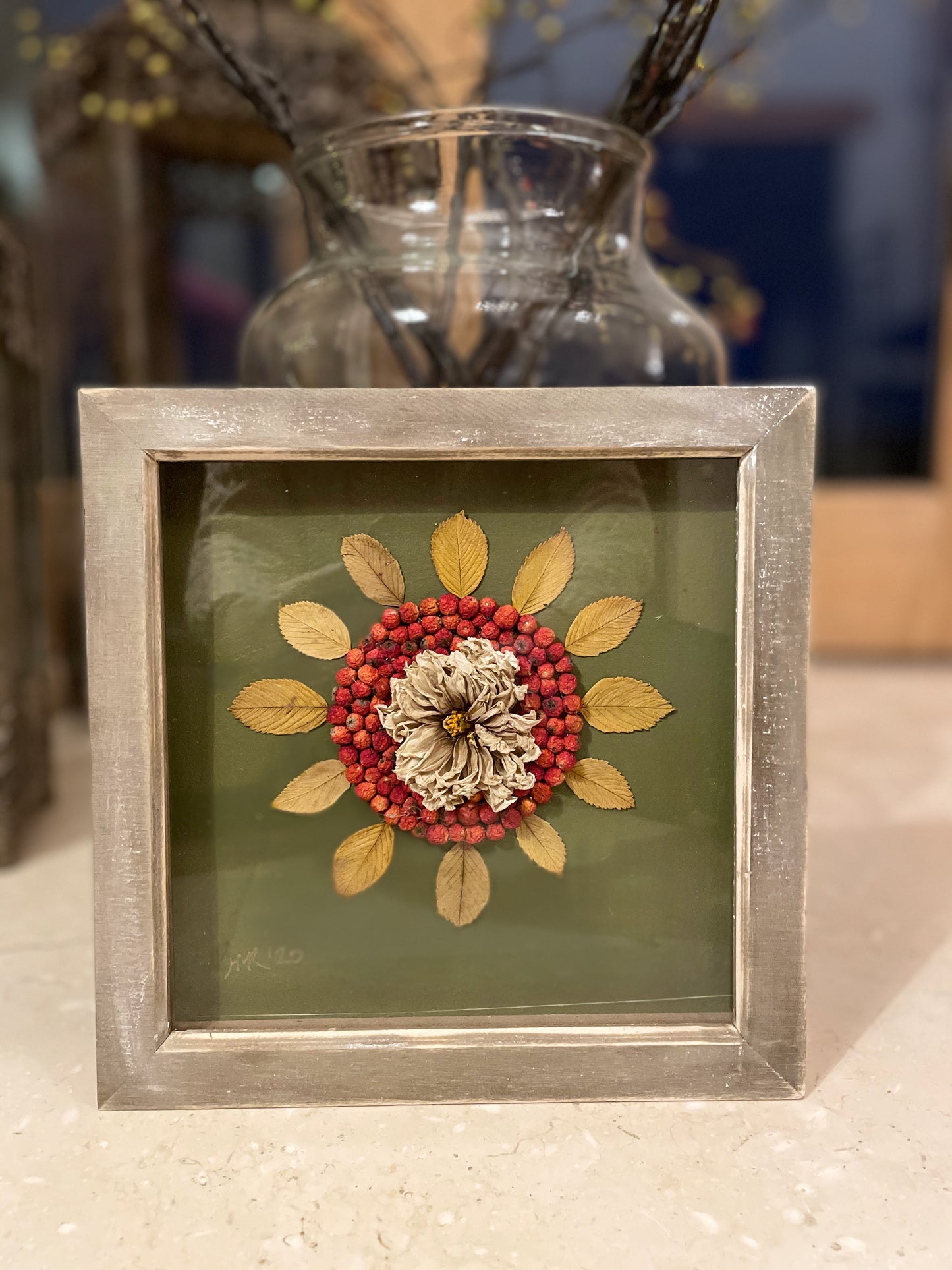 Boxed dahlia with red berries