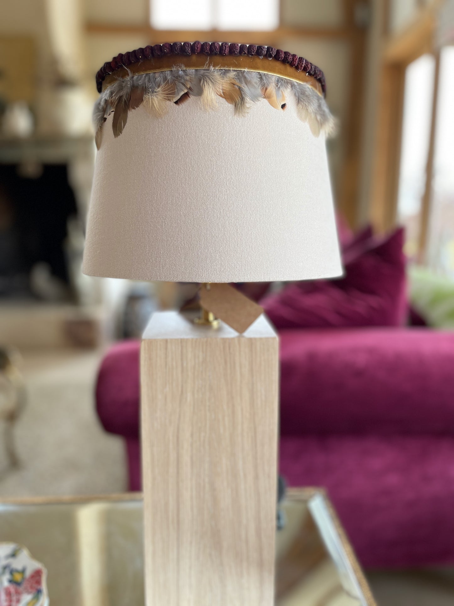 Berry and partridge lampshade with mustard velvet