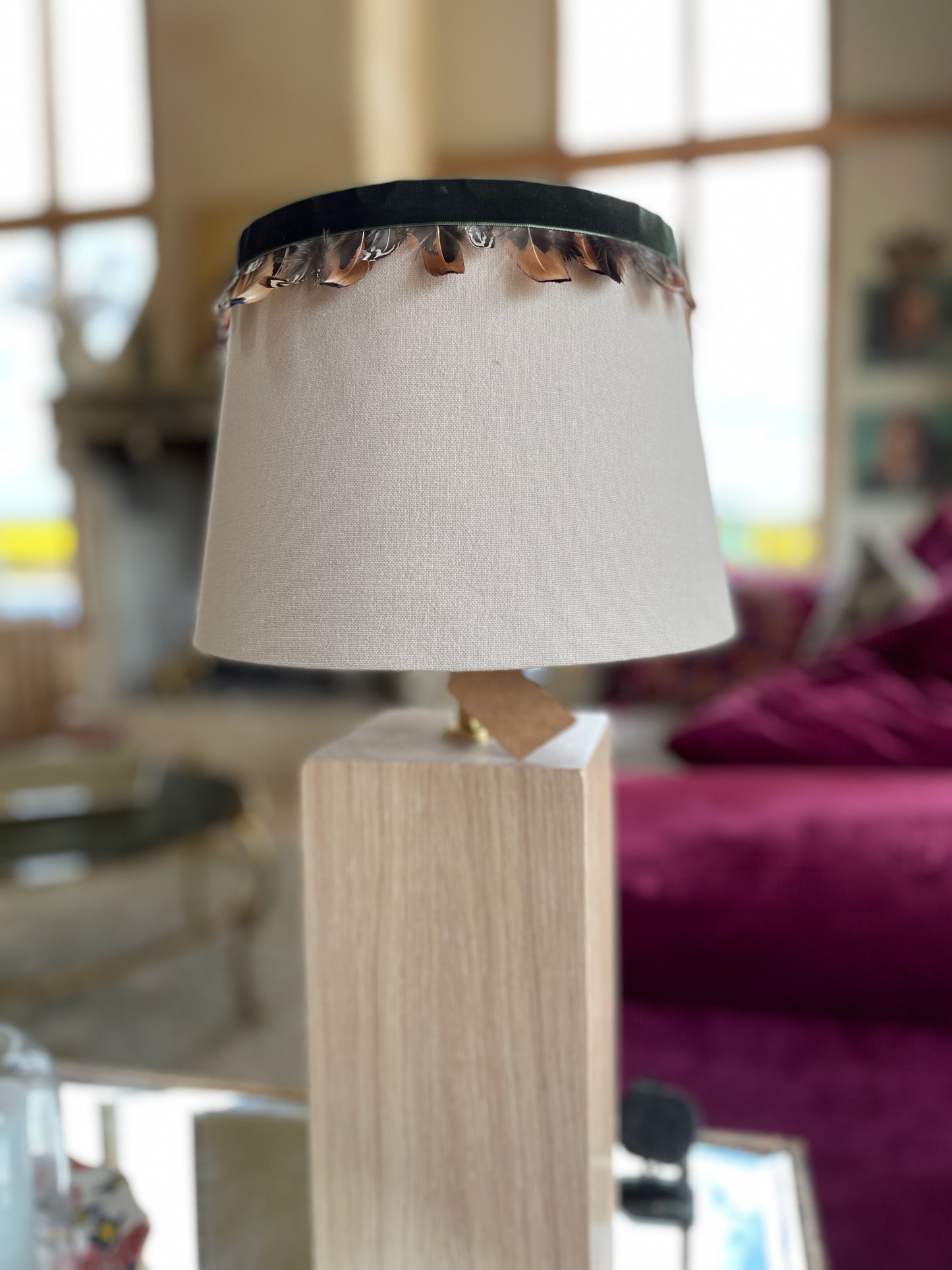 Green velvet and feather lampshade