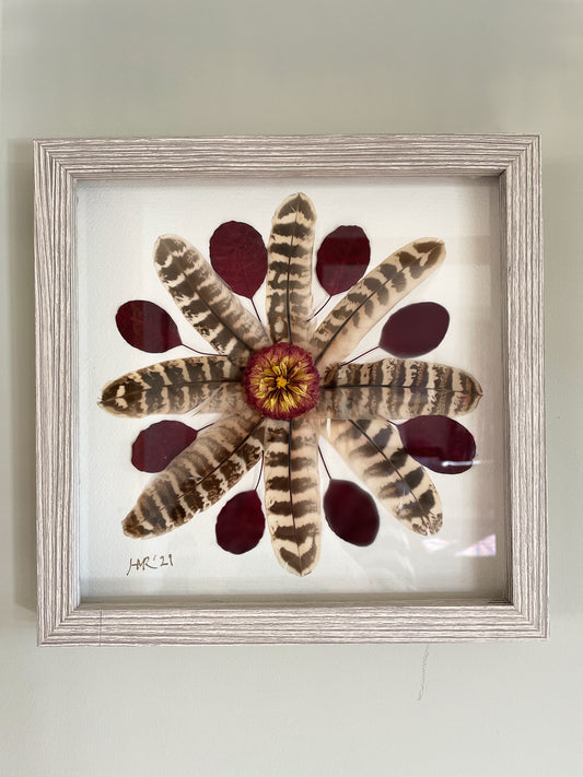 Box frame with pheasant feathers and red leaves