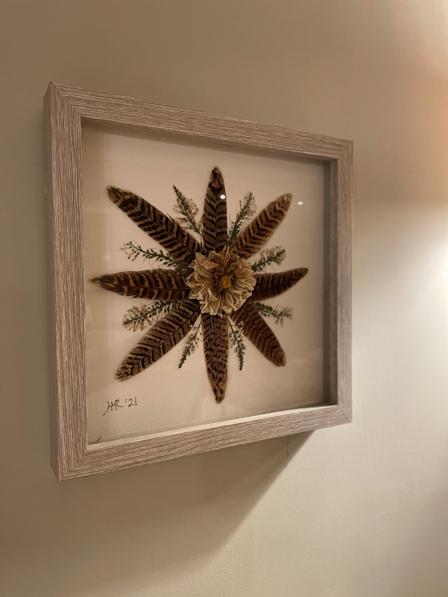 Box frame with pheasant feathers and a dahlia