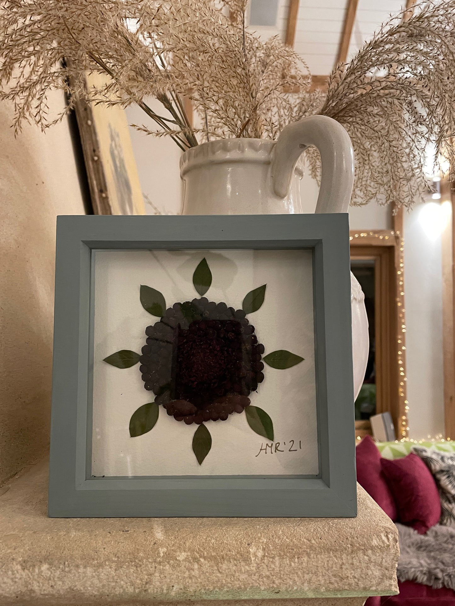 Small box frame with dahlia and berries