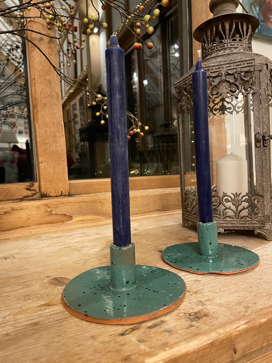 Speckled green candle stick holders