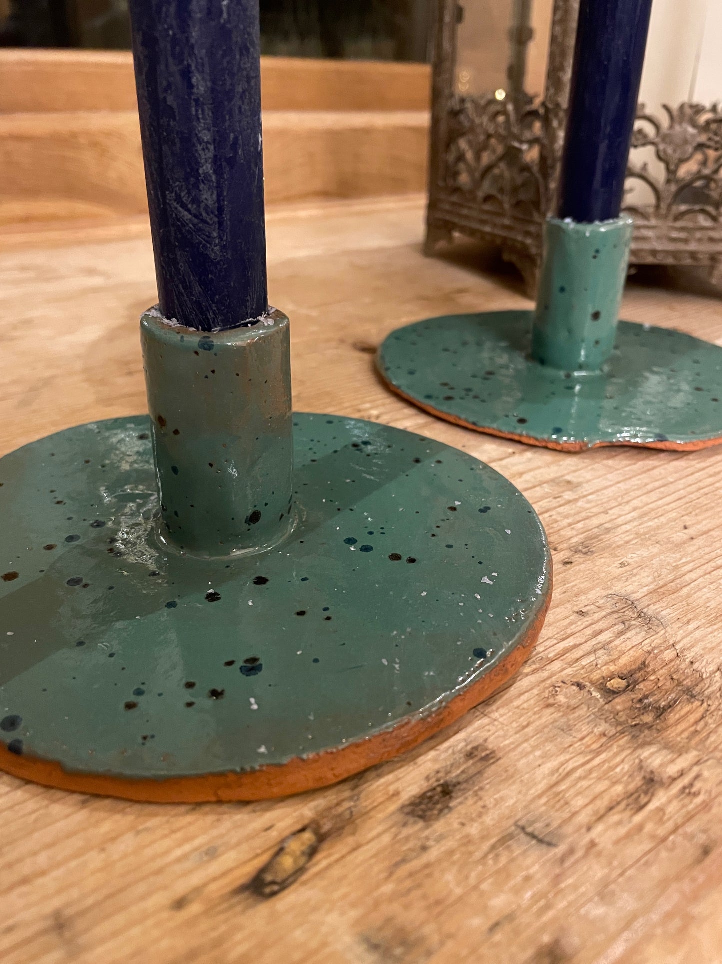 Speckled green candle stick holders