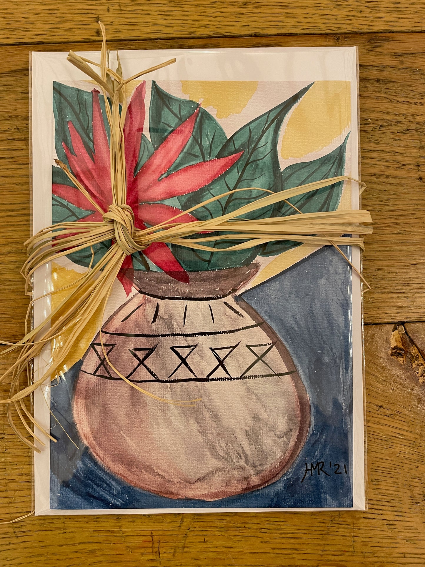 Round vase greeting card with big green leaves