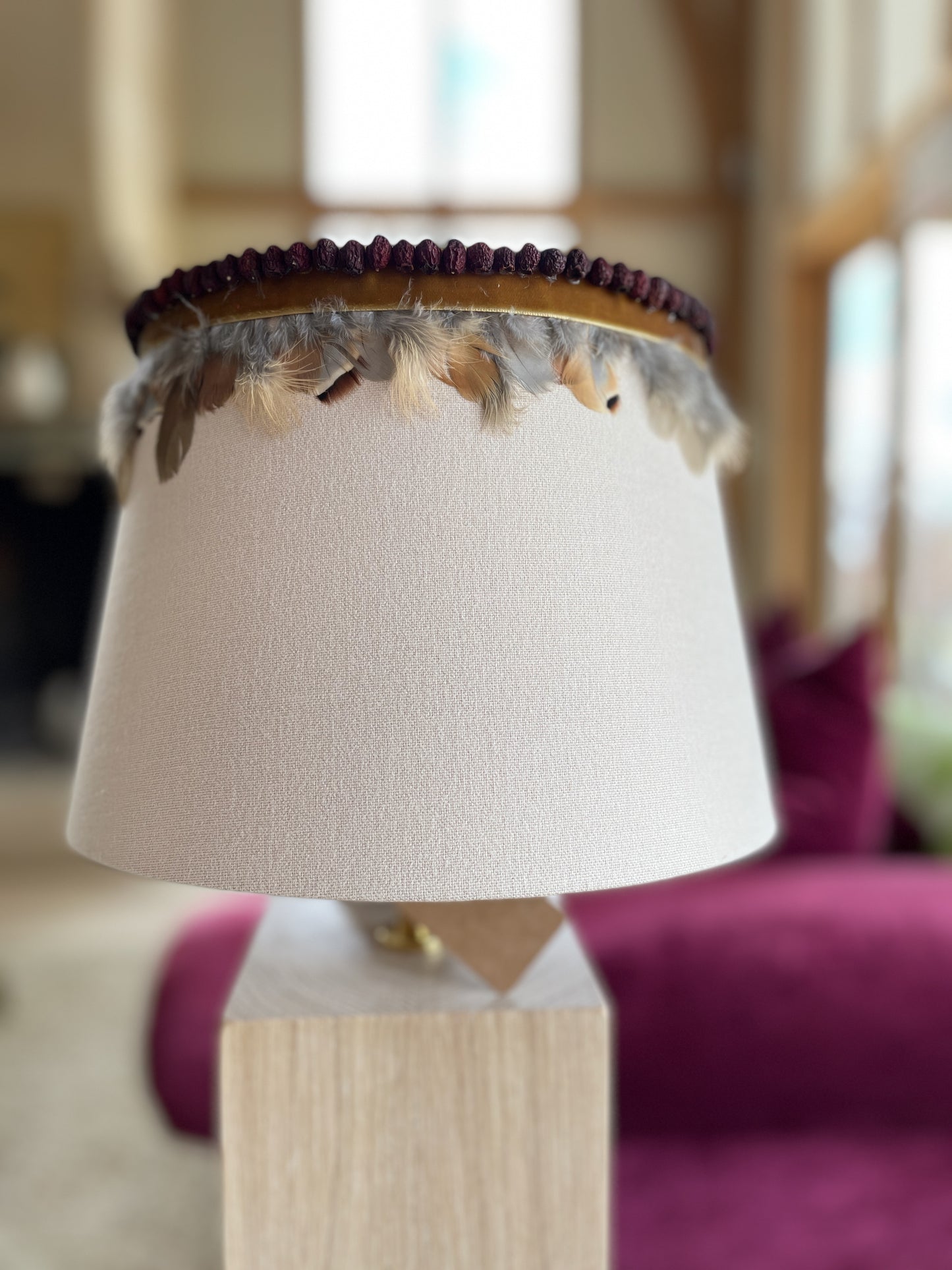 Berry and partridge lampshade with mustard velvet