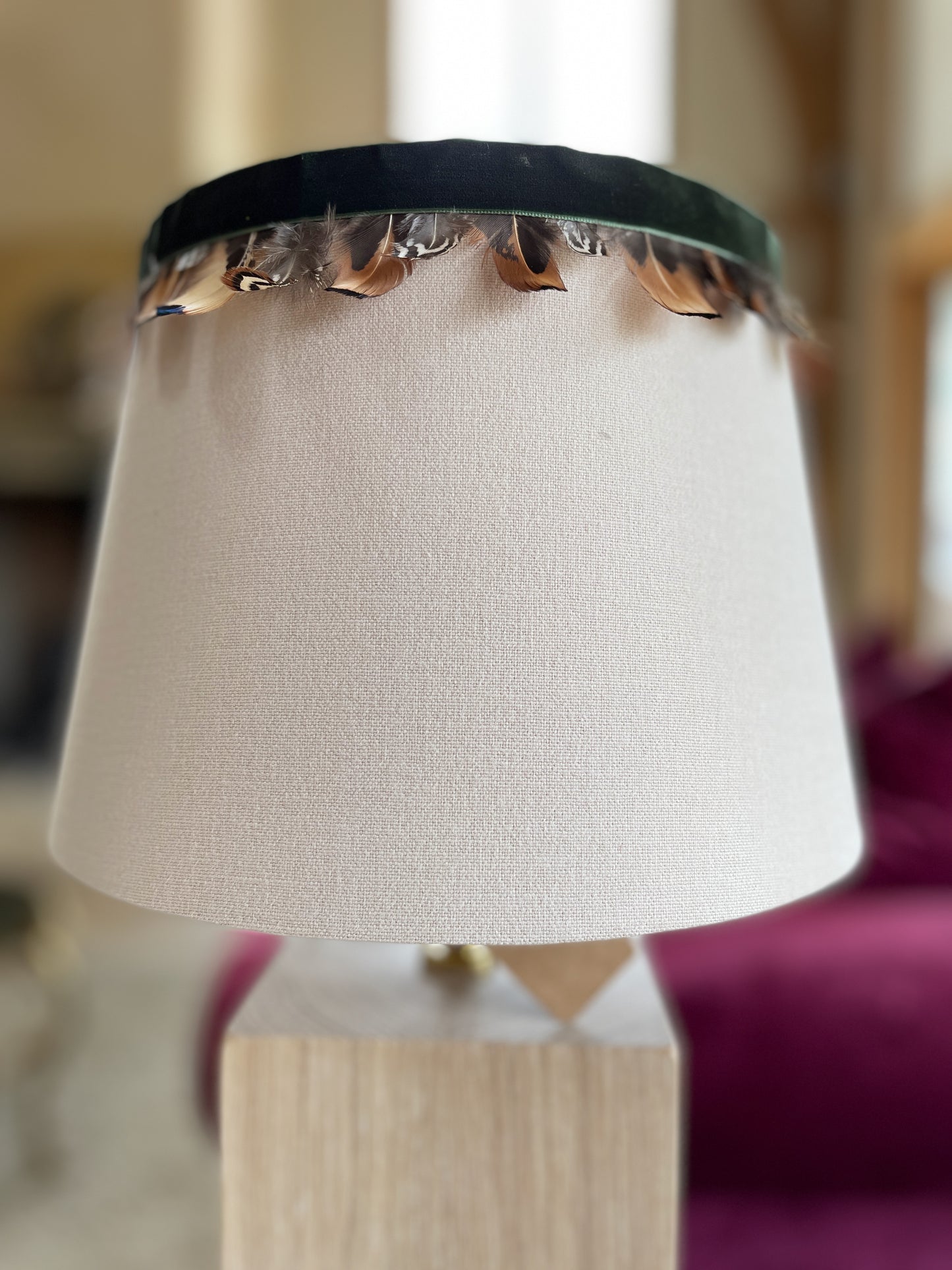 Green velvet and feather lampshade