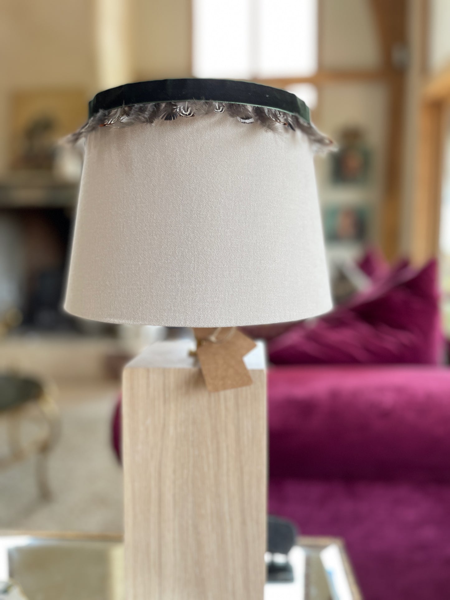 Green velvet and pheasant feather lampshade