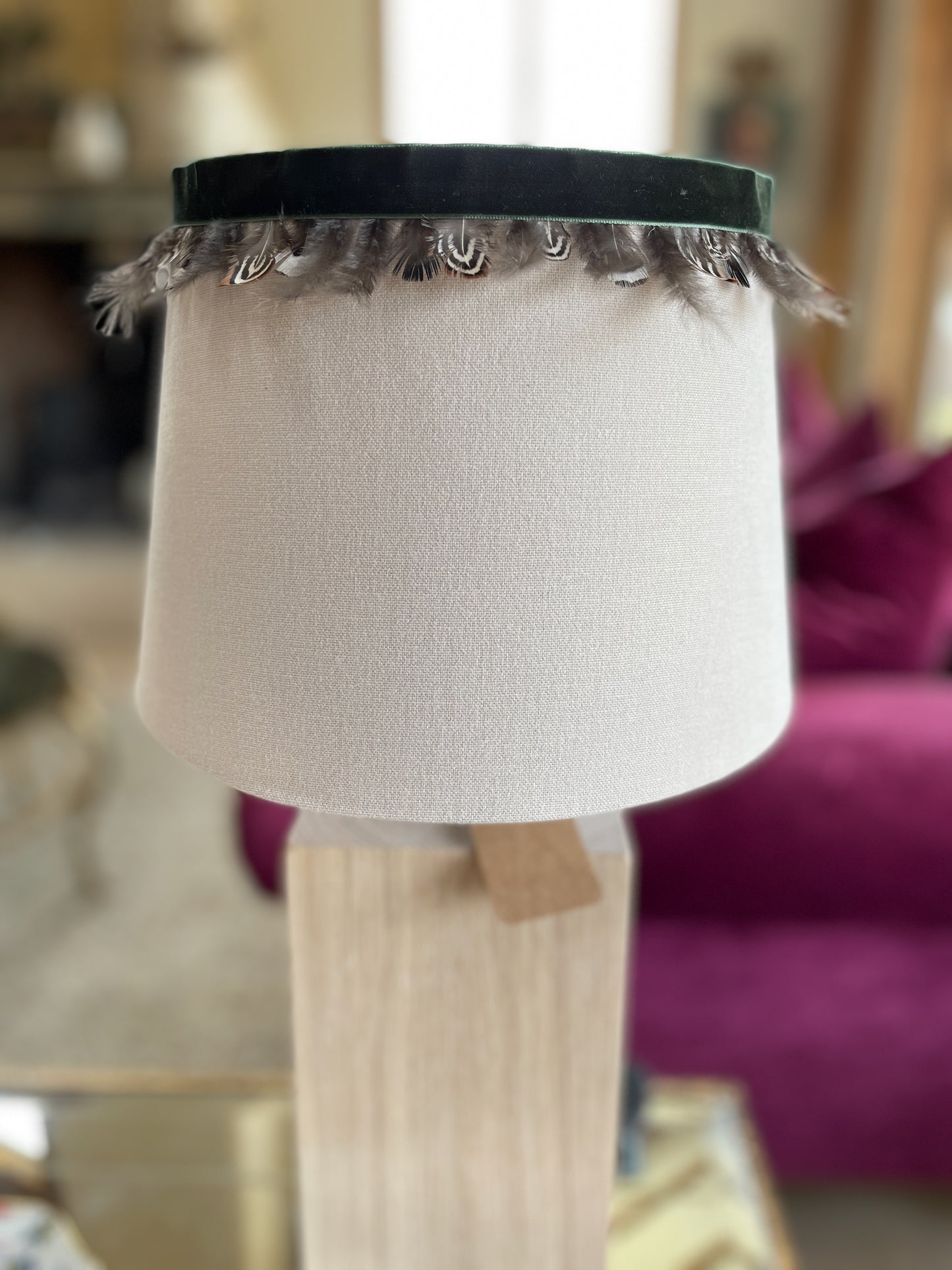 Green velvet and pheasant feather lampshade