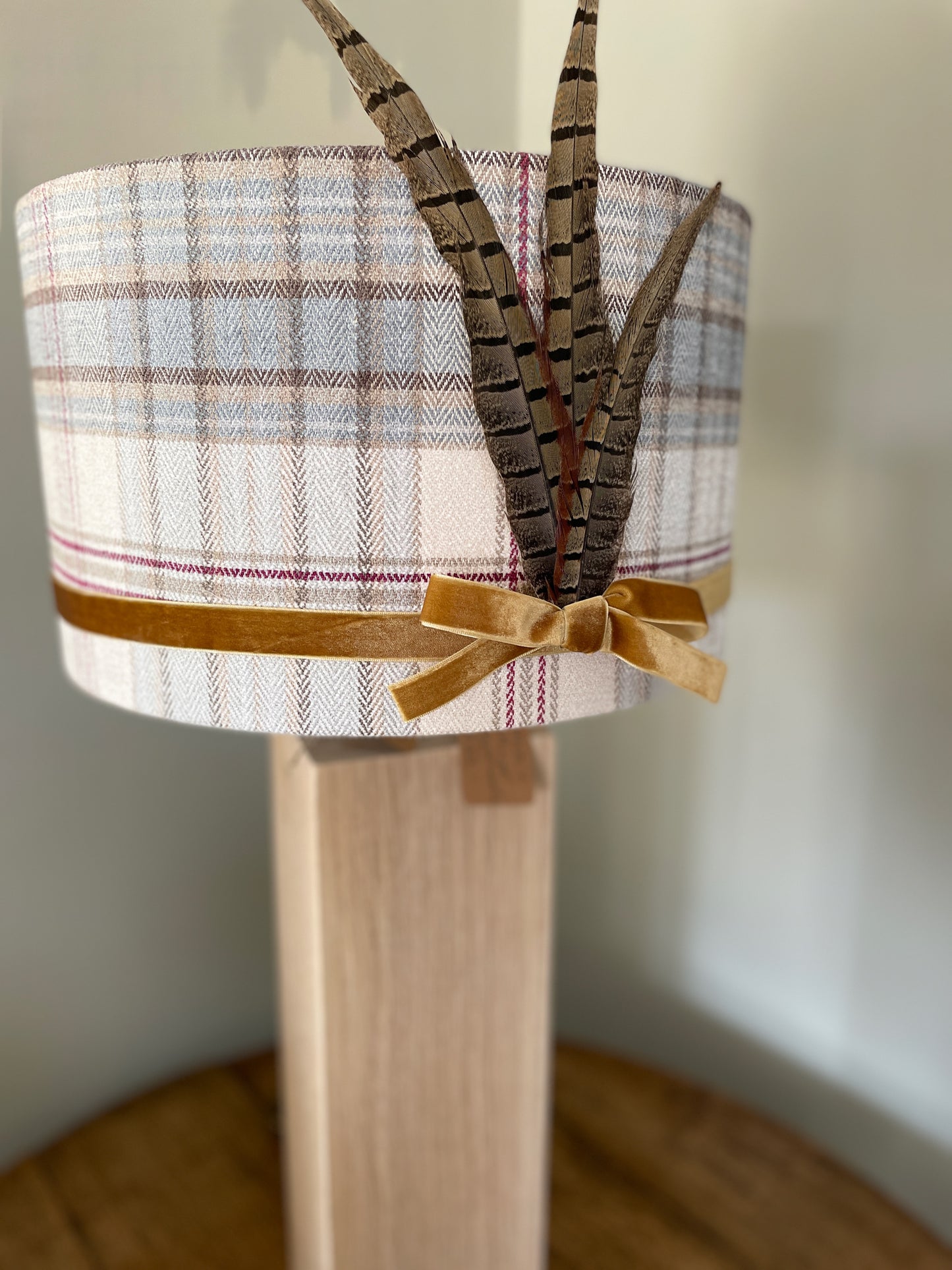 Tartan and pheasant feather lampshade